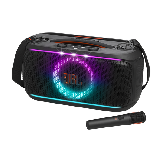 JBL PartyBox On-The-Go 2 Portable Party Speaker – 100W RMS Pro Sound with Wireless Digital Microphone, 15-Hour Battery, Auracast Multi-Speaker Sync, IPX4 Splashproof, Shoulder Strap Karaoke Machine (Black)